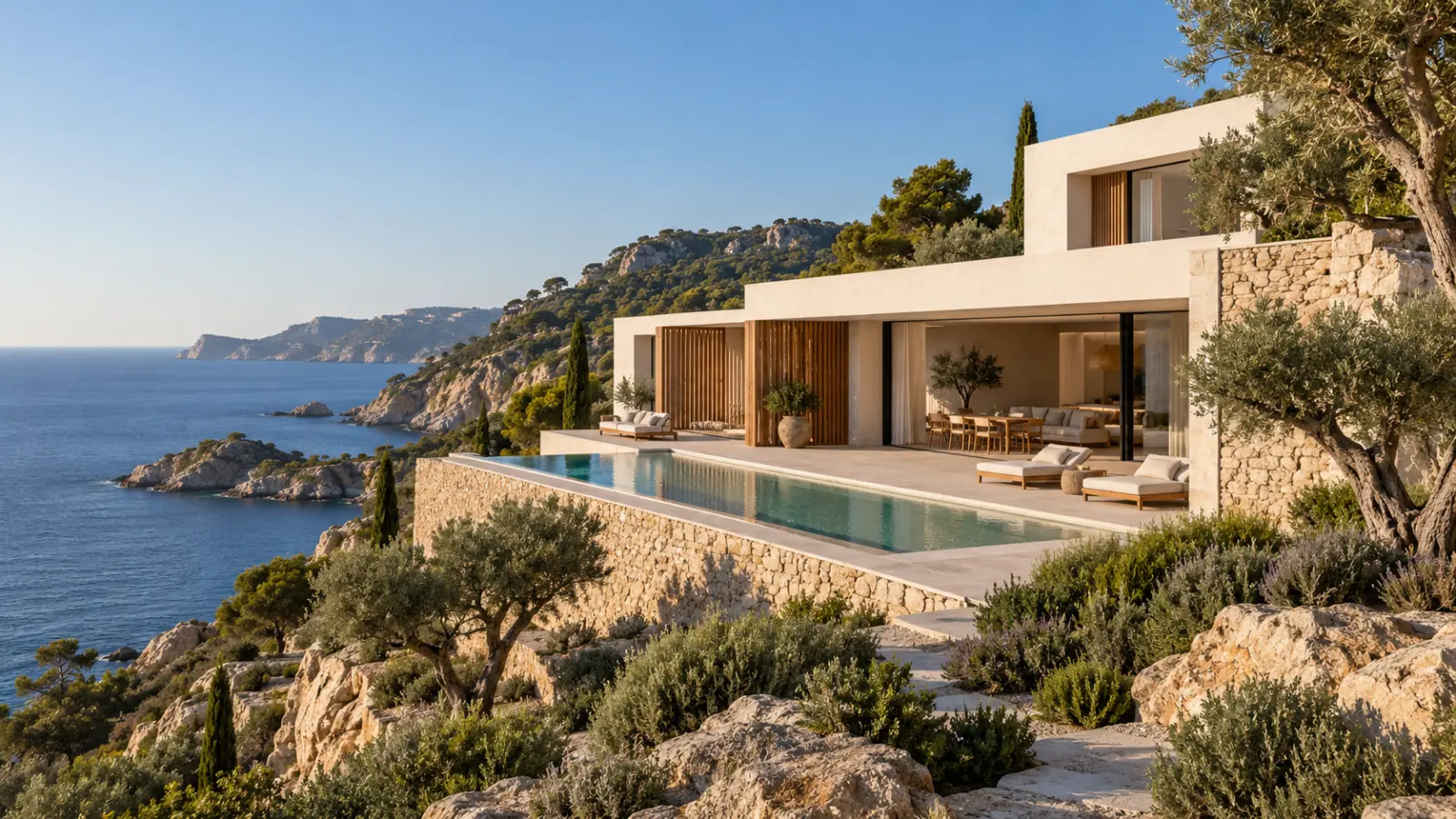 Estudi arquitectònic il·lustratiu d’una vil·la mediterrània amb piscina i vistes al mar; no és un disseny del projecte de Cadaqués